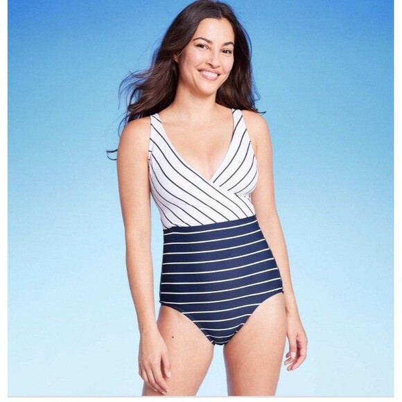 Kona Sol Navy Striped V-Neck Full Coverage One Piece Swimsuit Size S (4-6) New! - Picture 2 of 10